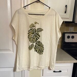 Talbots Cream Short-Sleeve Tee with Olive Green Leaf Graphic